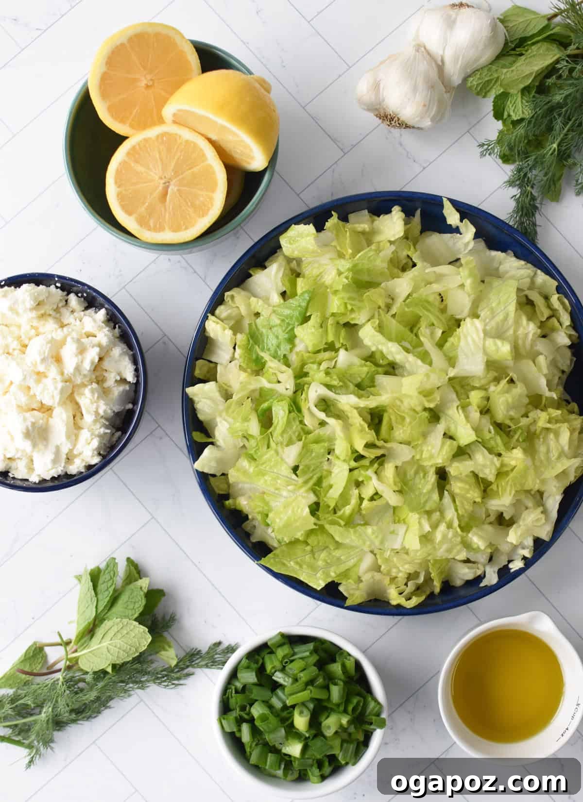Vibrant Greek Lettuce and Dill Salad 5 Fresh ingredients laid out for Maroulosalata recipe preparation