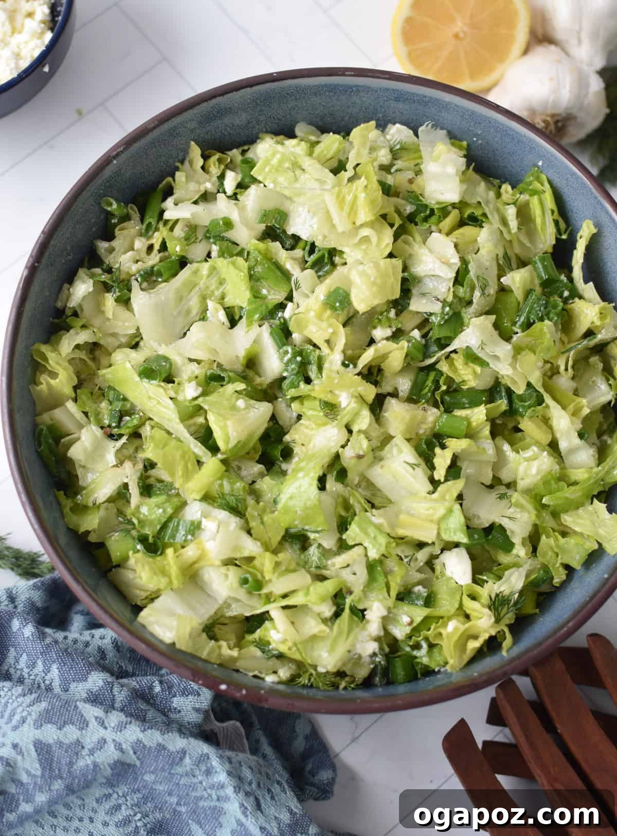 Vibrant Greek Lettuce and Dill Salad 6 Maroulosalata served in an elegant blue bowl, ready to eat