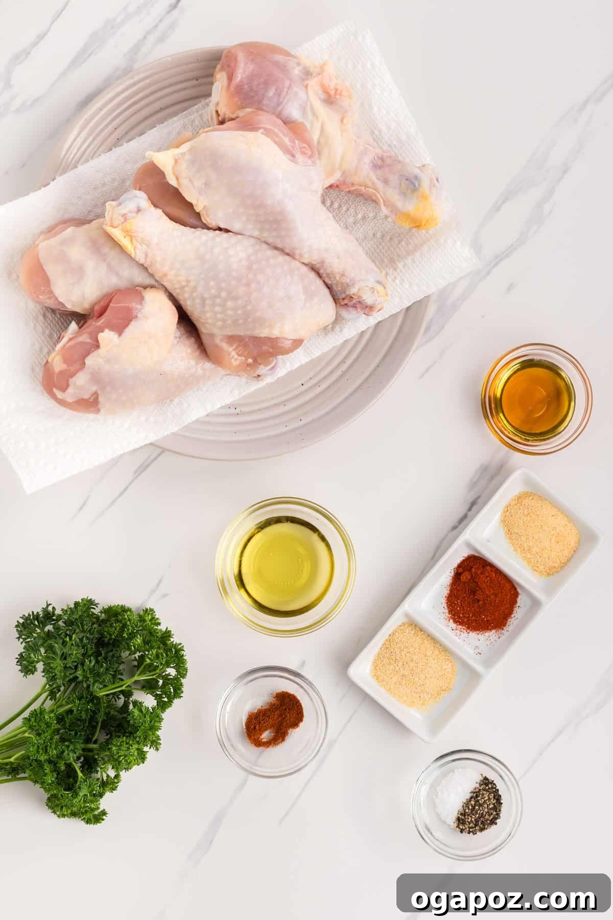 Extra Crispy Air Fried Drumsticks 5 Crispy Air Fryer Chicken Legs ingredients arranged artfully