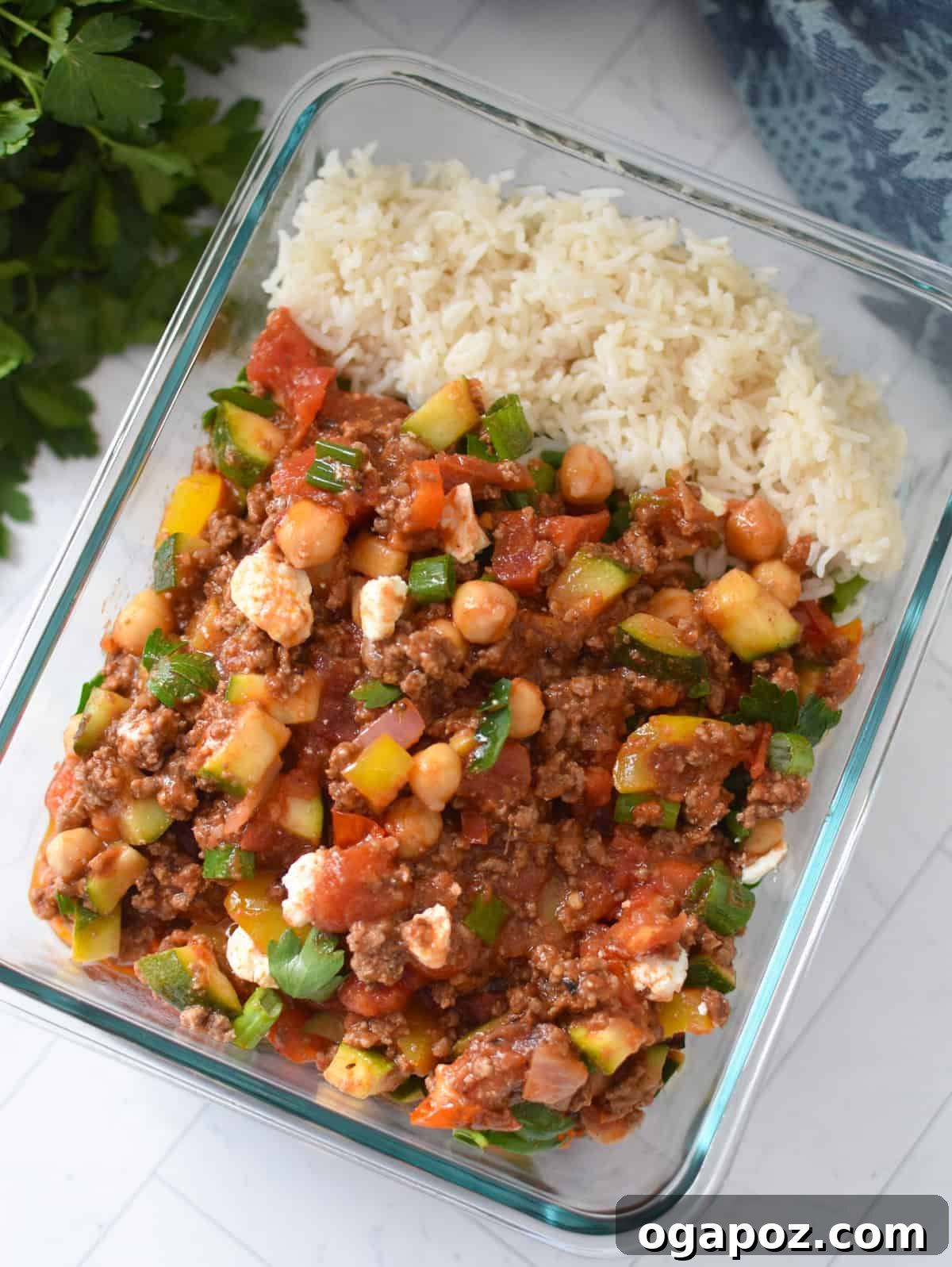 Vibrant Mediterranean Ground Beef Skillet 7 Mediterranean Ground Beef Skillet in a tupperware container