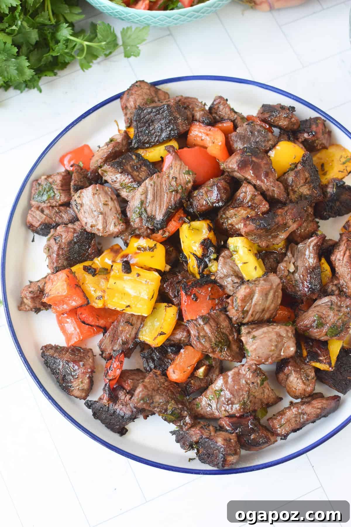 Sun-Drenched Steak Morsels 2 Mediterranean Steak Bites on round plate