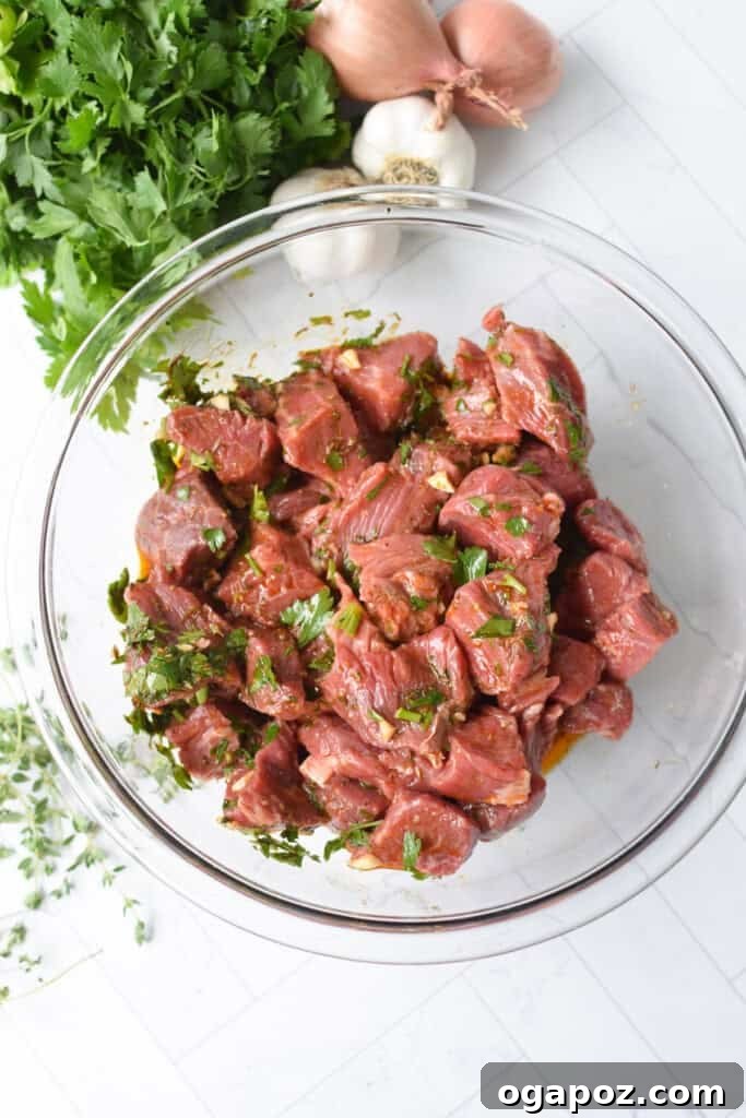 Sun-Drenched Steak Morsels 6 Mediterranean Steak Bites marinade on beef in bowl