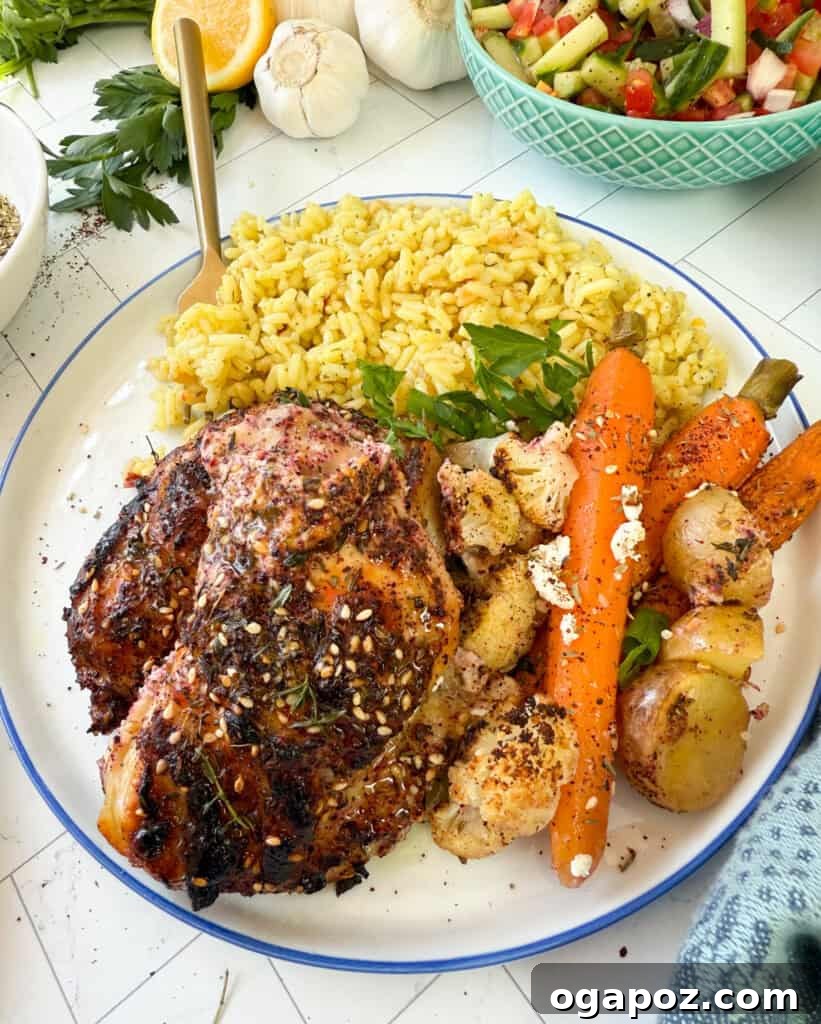 One Pan Roasted Zaatar Chicken 2 A delicious serving of Sheet Pan Za'atar Chicken on a plate with a blue rim, highlighting the perfectly roasted chicken and vegetables.