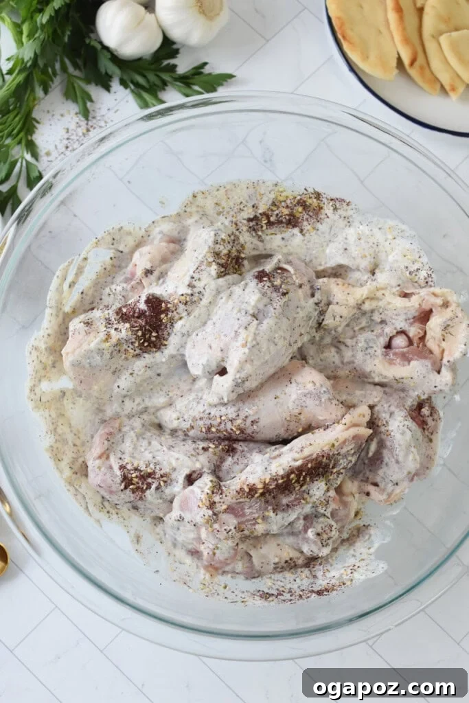 One Pan Roasted Zaatar Chicken 12 Chicken thighs marinating in the yogurt za'atar mixture in a bowl.