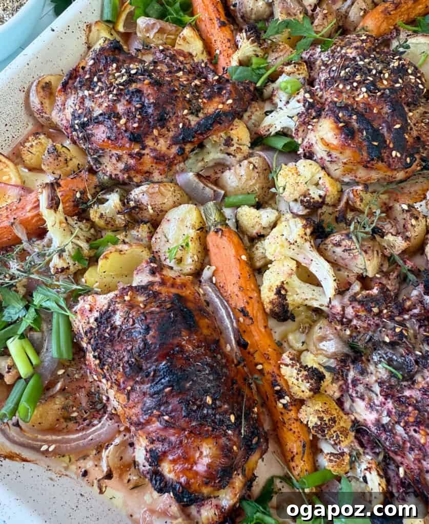 One Pan Roasted Zaatar Chicken 3 Sheet Pan Za'atar Chicken arranged beautifully on a single sheet pan, ready for the oven.
