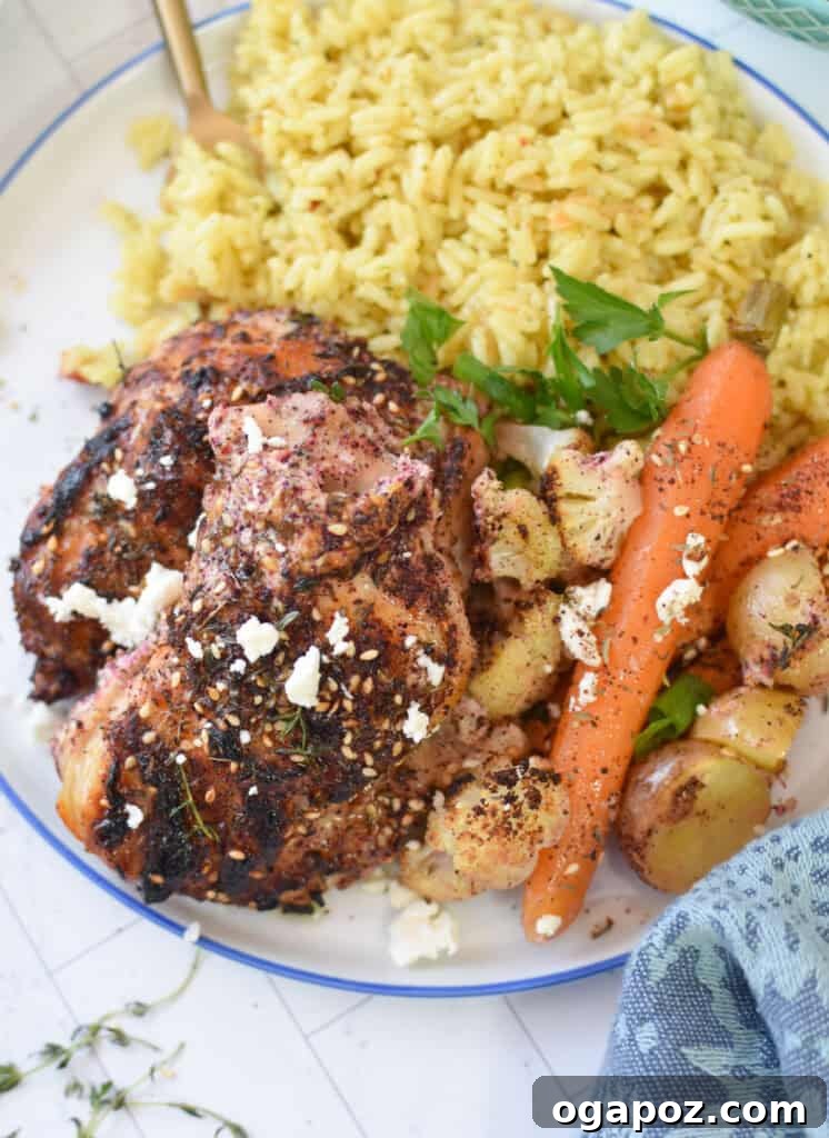 One Pan Roasted Zaatar Chicken 8 A serving of Sheet Pan Za'atar Chicken, garnished and ready to enjoy.