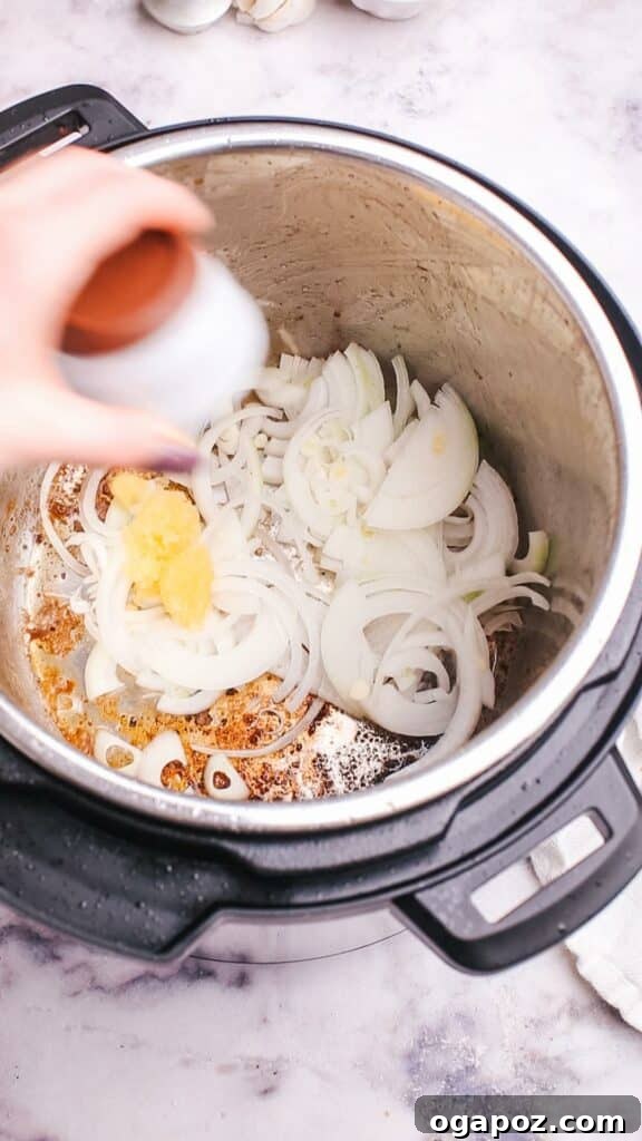 Hearty Instant Pot Beef and Barley Soup 4 Adding onion to Instant Pot for beef barley soup