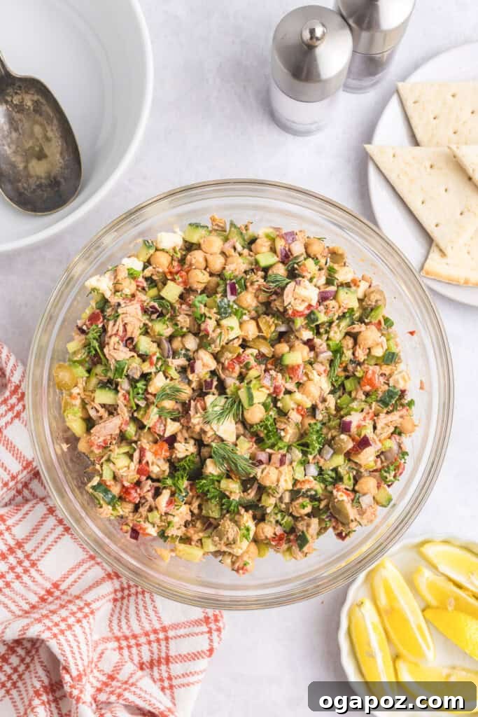 Sun-Kissed Mediterranean Tuna and Chickpea Delight 13 Mediterranean Tuna and Chickpea Salad in a clear bowl
