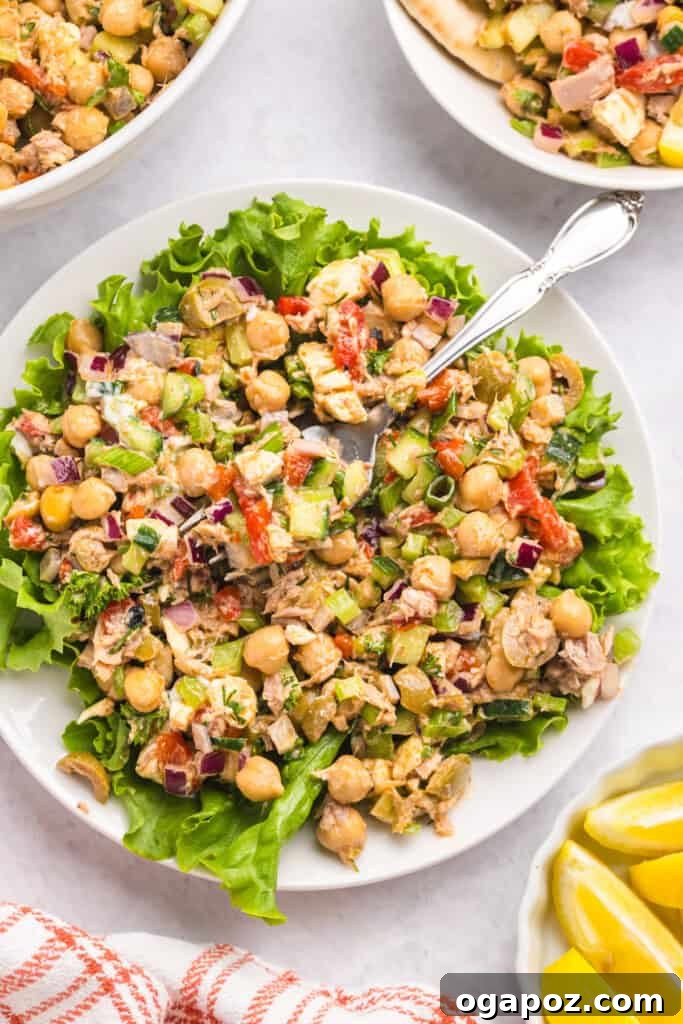 Sun-Kissed Mediterranean Tuna and Chickpea Delight 3 Mediterranean Tuna and Chickpea Salad with lettuce