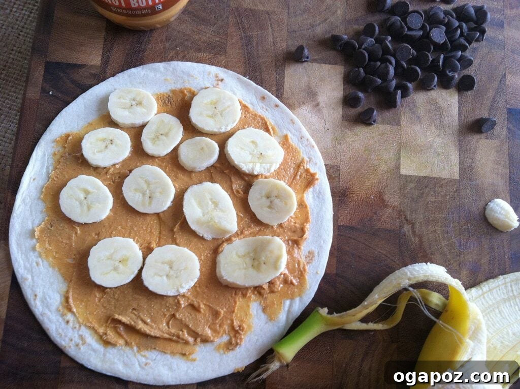 Heavenly Sweet Quesadillas 6 Sliced bananas arranged over a peanut butter-covered tortilla, creating the next layer of the dessert quesadilla.