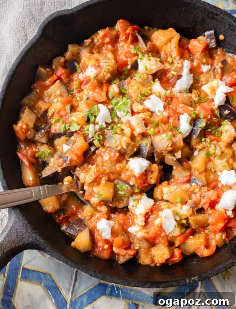 Rustic Skillet Tomato and Eggplant 5 Skillet Tomato and Eggplant cooking in a pan with a spoon