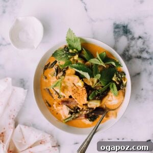 Close-up of a delicious bowl of Thai Coconut Fish and Vegetable Curry