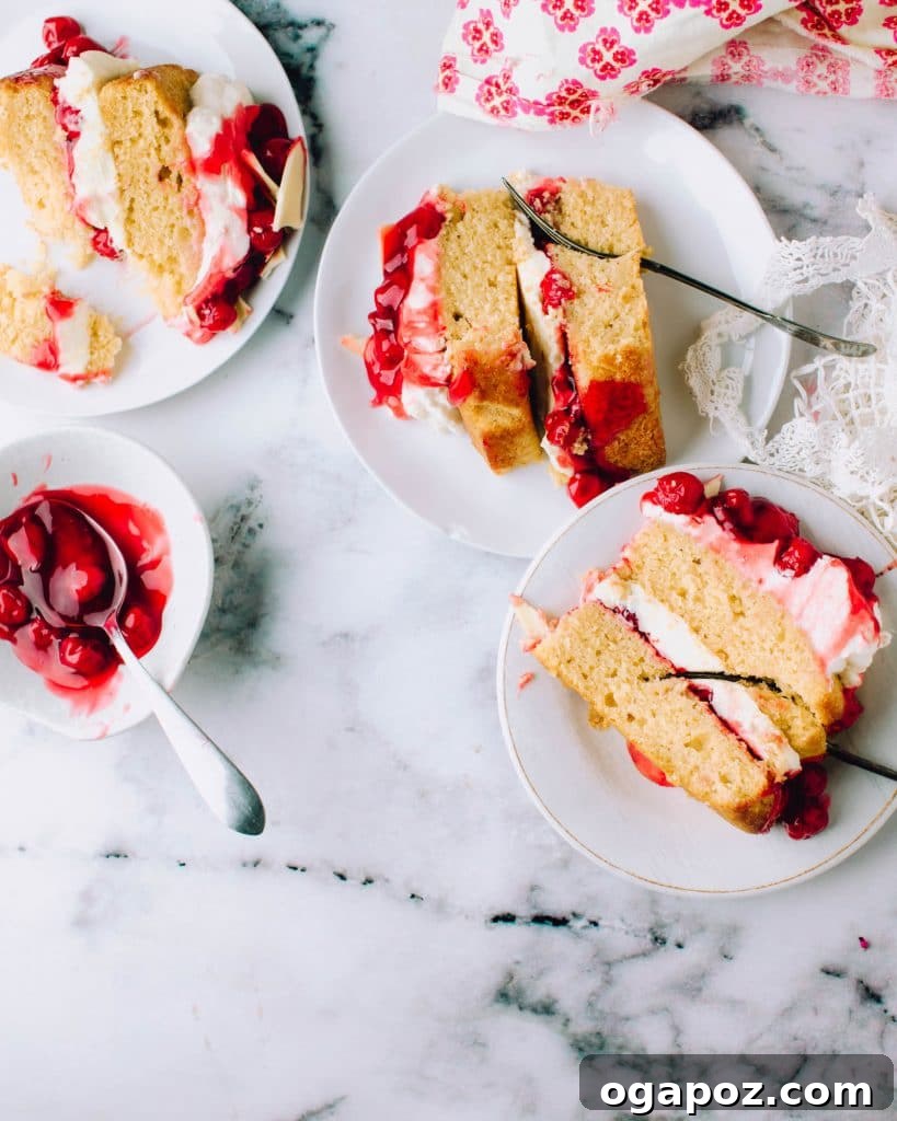 Pristine Cherry Delight 4 A side view of the expertly layered White Chocolate Cherry Cake with a slice removed, clearly showing the moist vanilla cake, creamy white chocolate mousse, and juicy cherry filling.