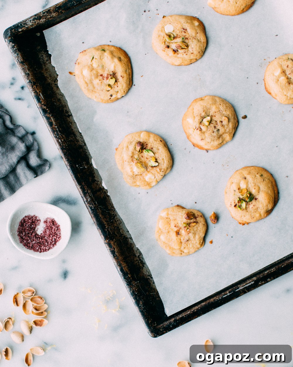 Lemony Pistachio White Chocolate Treasures 5 Stack of freshly baked lemon pistachio white chocolate cookies