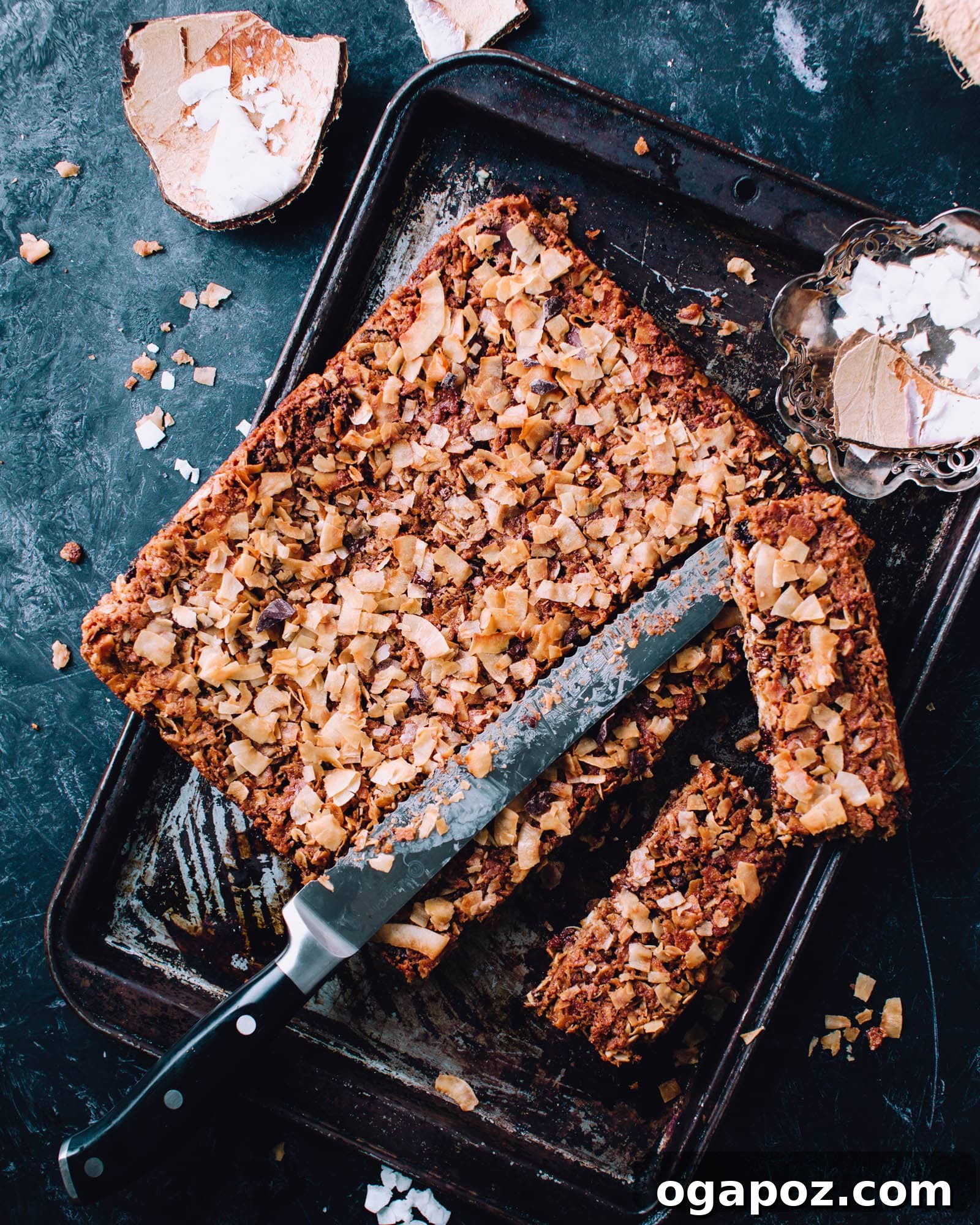 Delicious crunchy vegan chocolate coconut granola bars on a cooling rack, ready to be enjoyed.
