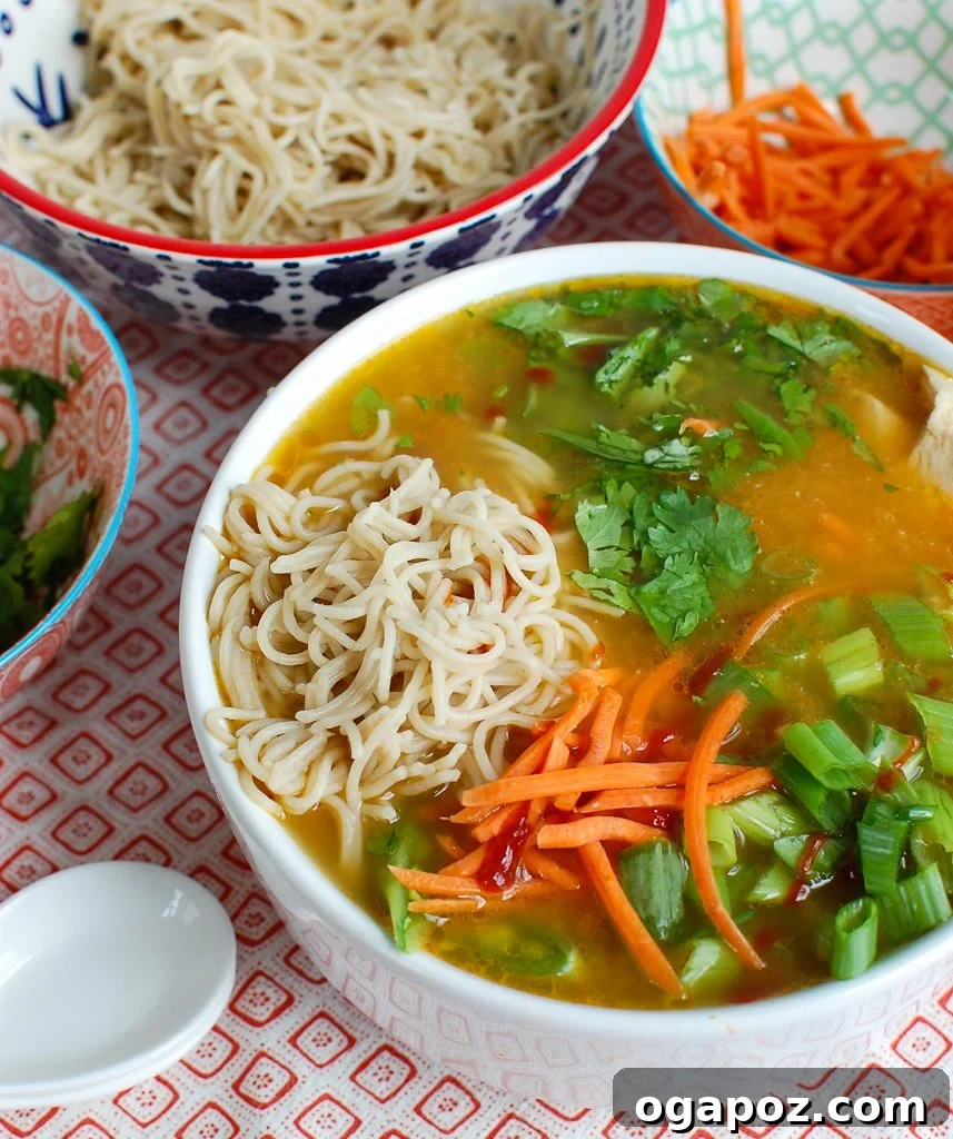 Comforting Asian Chicken Noodle Bowl 3 A spoon dipping into a bowl of Asian Chicken Noodle Soup, showcasing the noodles, chicken, and colorful vegetables, perfectly garnished.