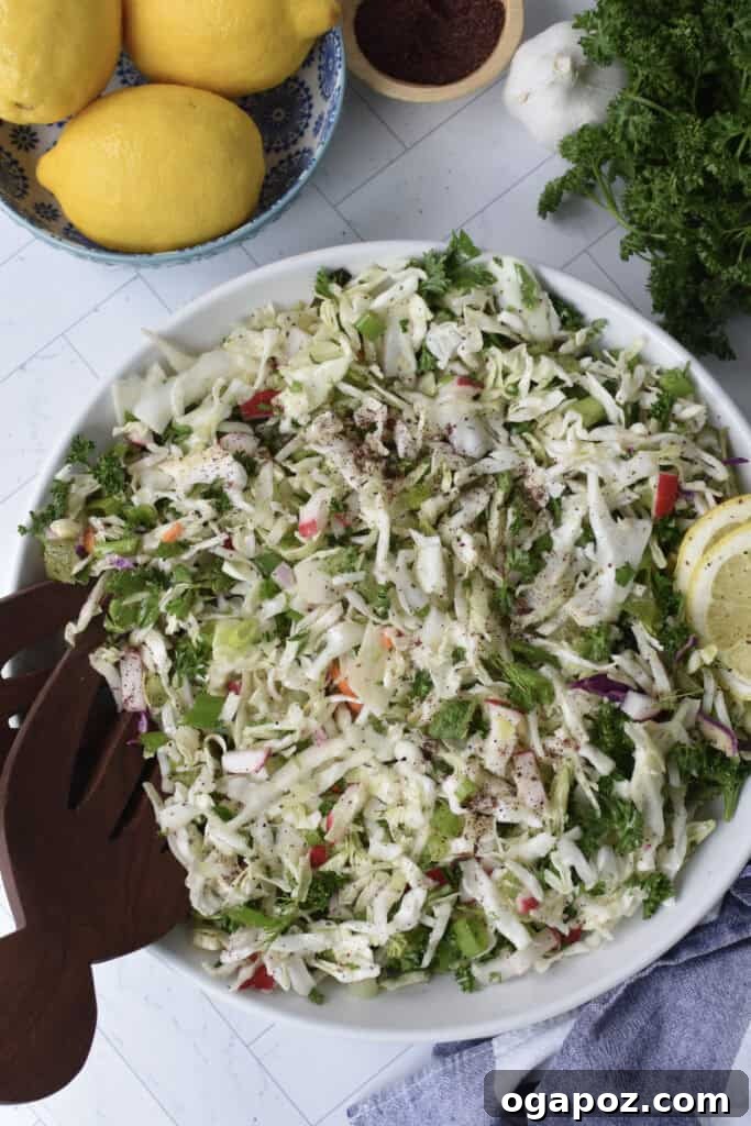 Zesty Malfouf Lebanese Salad 7 Malfouf Salad in a white bowl with a wooden spoon