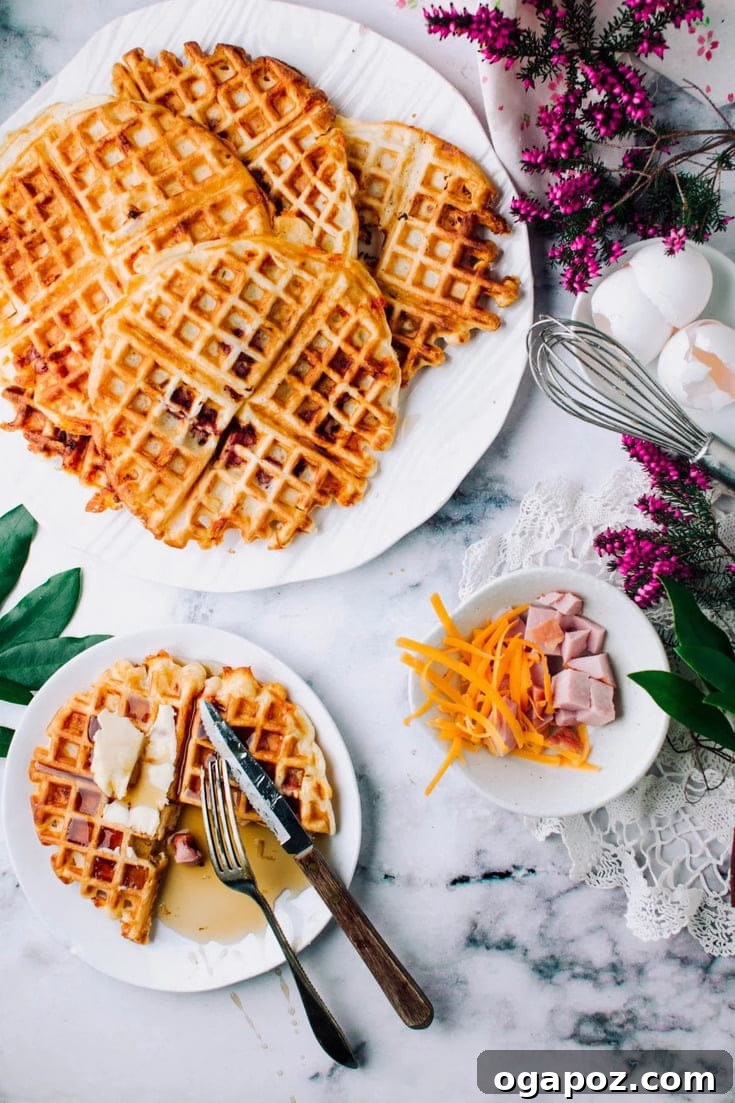 Savory Ham and Cheese Buttermilk Waffles 4 Breakfast/Brunch just got even better with these Easy, Fun, and Homemade Ham and Cheese Buttermilk Waffles. Deliciously crispy, tender waffles recipe with ham and cheddar cheese. With maple syrup pools in every pocket, they're the perfect sweet-savoury combo.