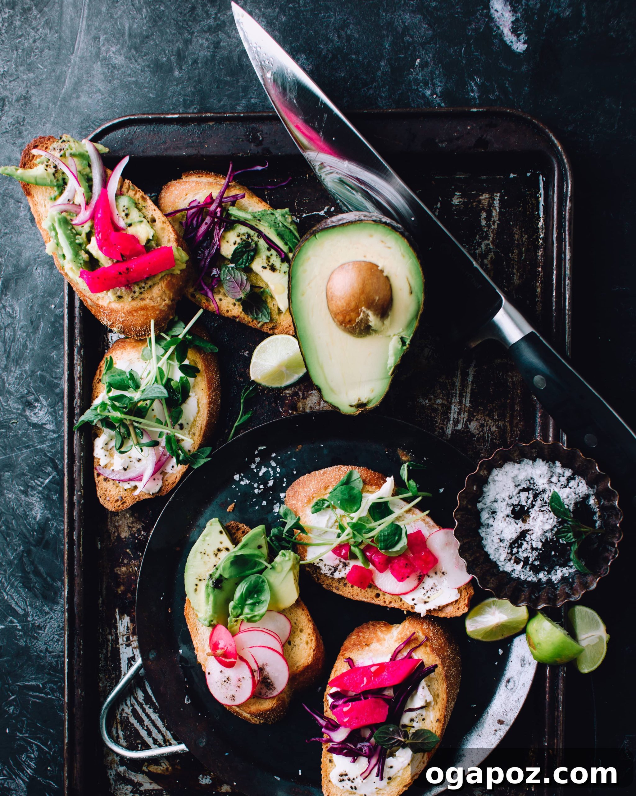 Kaleidoscope Appetizer Toasts 2 Vibrant Rainbow Crostini with fresh vegetables and creamy spread on a platter