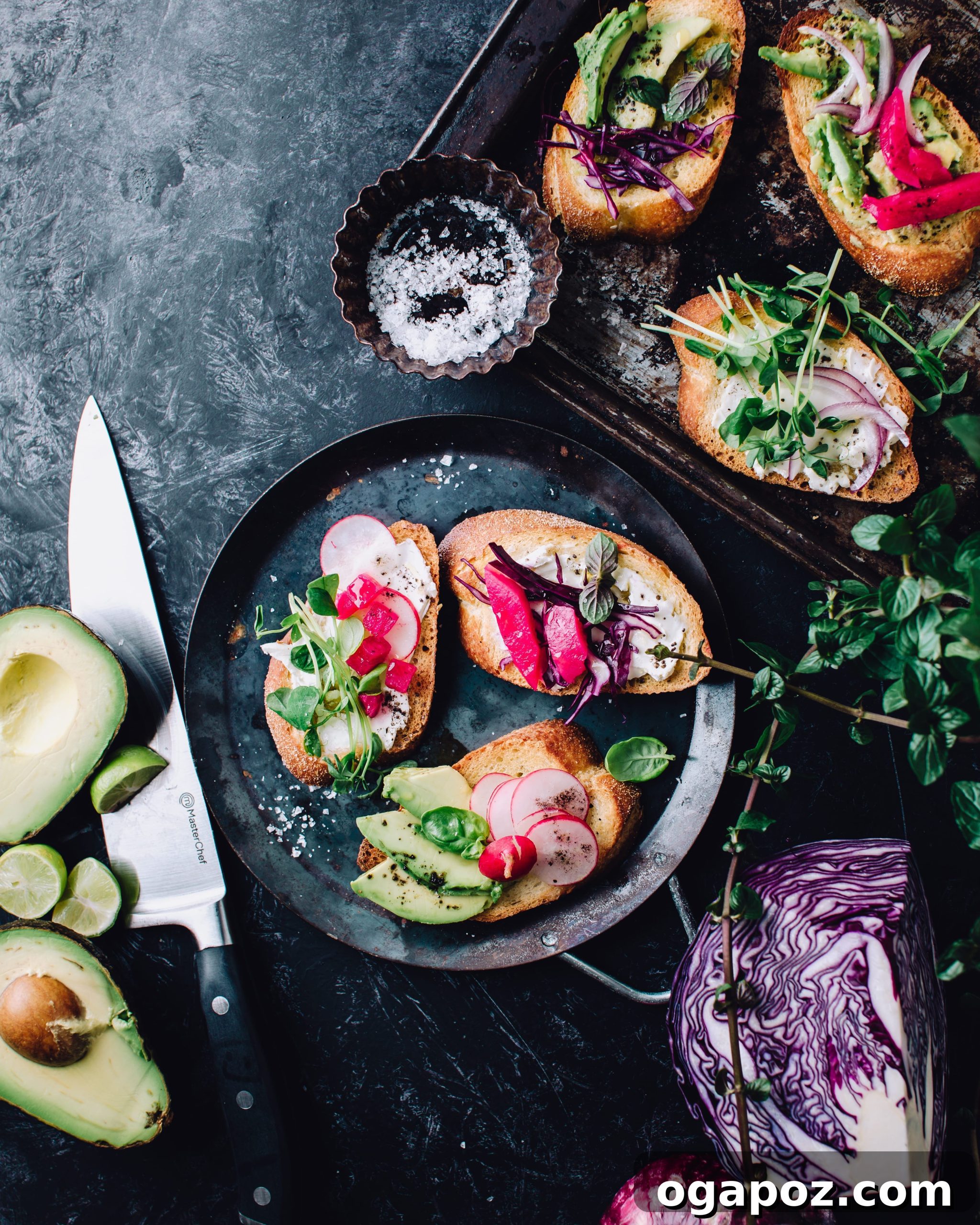 Kaleidoscope Appetizer Toasts 3 Colorful Rainbow Crostini with various vegetable toppings on a rustic board