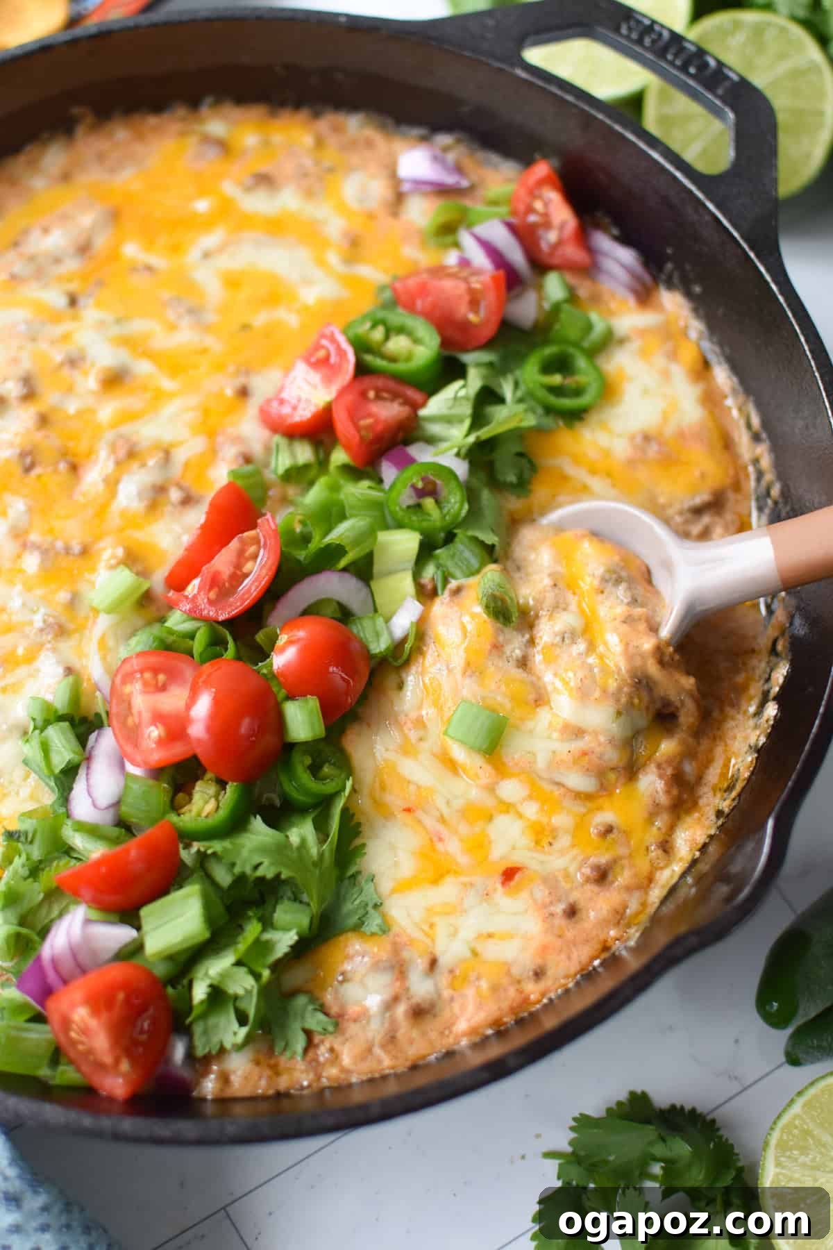 Creamy Beef & Cottage Cheese Queso 2 Cottage cheese beef dip baked in a black cast iron skillet and garnished with diced tomatoes, green onion, cilantro and red onions.
