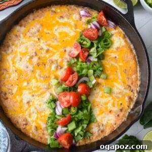 Cottage Cheese Queso in a skillet with garnishes 1200 x 1200
