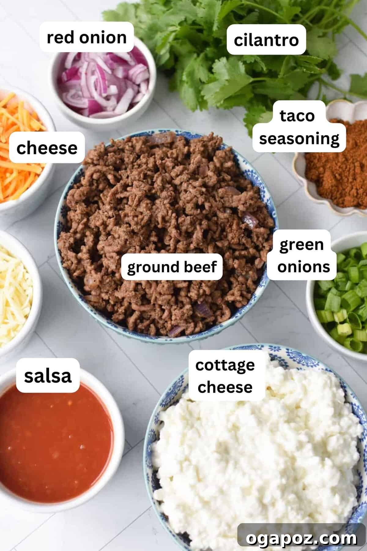Creamy Beef & Cottage Cheese Queso 3 Cottage Cheese Queso recipe ingredients in bowls