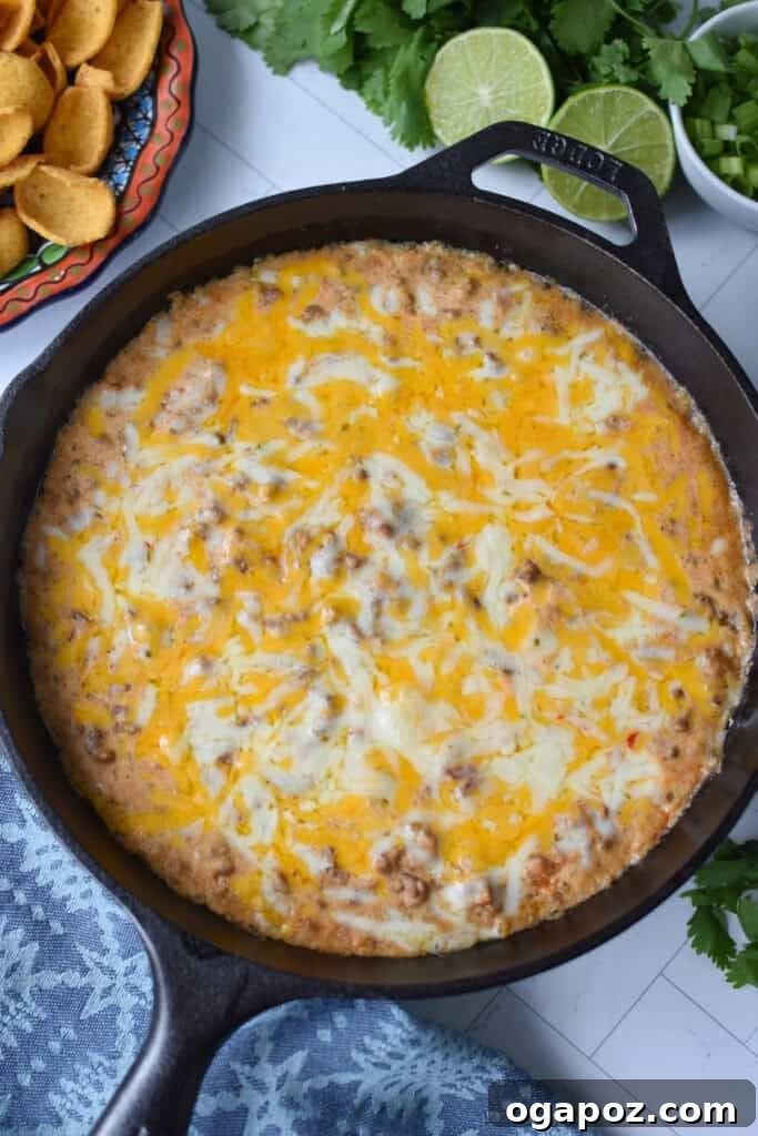 Creamy Beef & Cottage Cheese Queso 8 Ground beef and cheese melted in a black cast iron skillet.