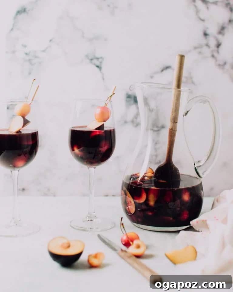 Luscious Stone Fruit Sangria 7 This easy Red Stone Fruit Sangria drink recipe is juicy, sweet, delicious, and an absolute summer favourite. It’s the best alcoholic cocktail drink recipe to serve at a party and will be perfect for a crowd