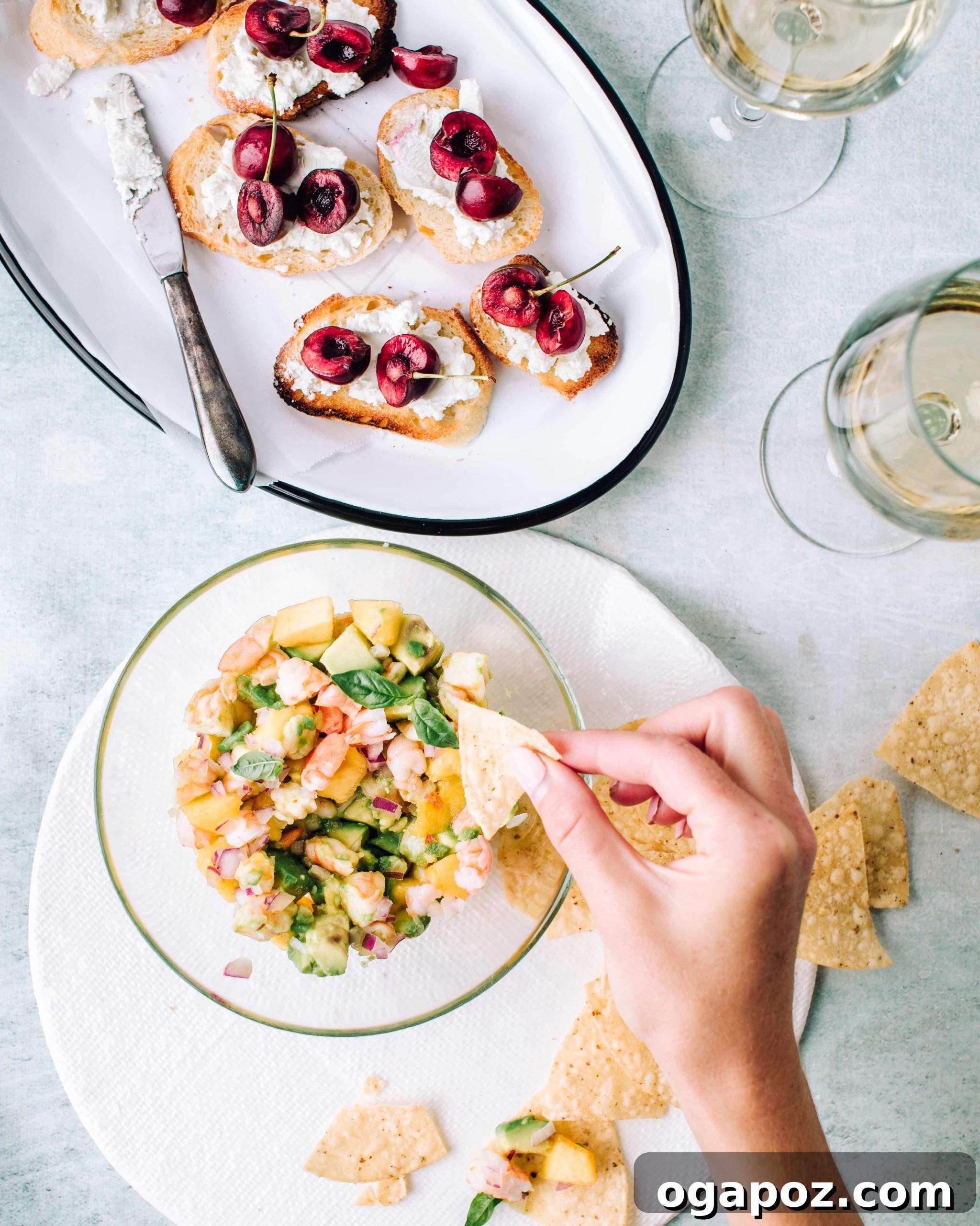 Irresistible Fall Appetizers Youll Love to Make 5 A close-up shot of fresh Shrimp and Avocado Ceviche, garnished with basil and peach slices.