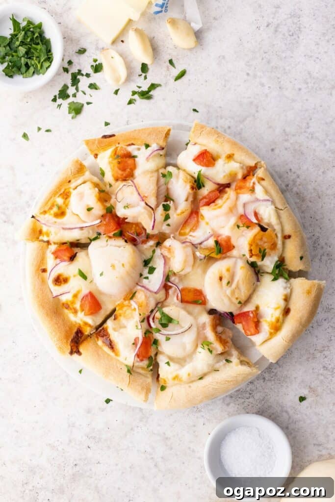 Ocean's Harvest Pizza 2 Freshly-sliced seafood pizza served on a white plate, garnished with minced parsley
