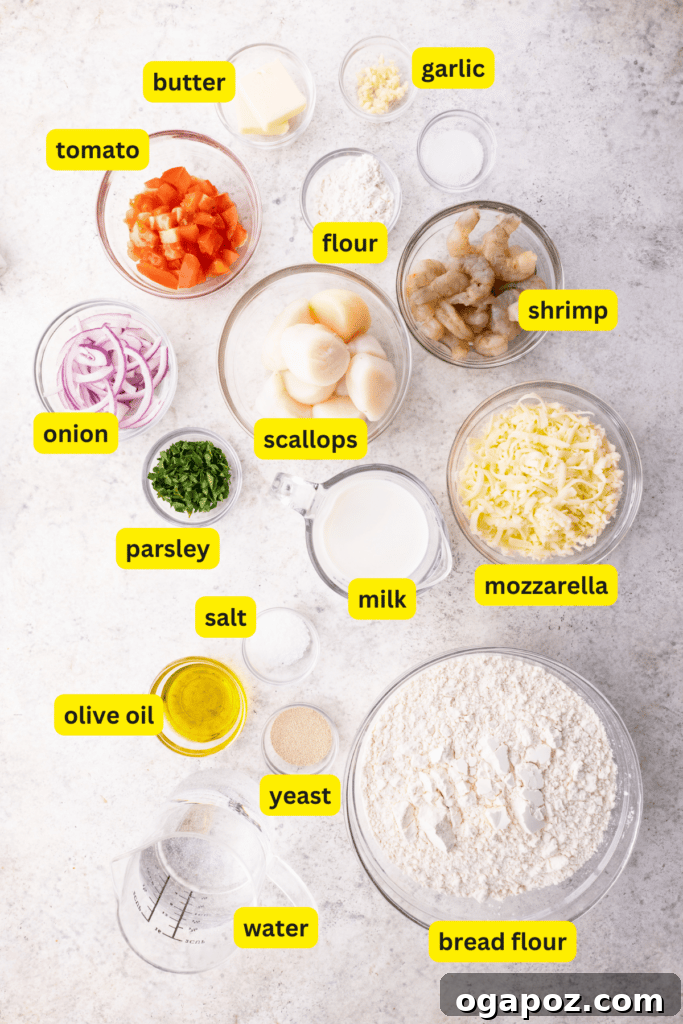Ocean's Harvest Pizza 3 Seafood pizza ingredients arranged on a kitchen countertop