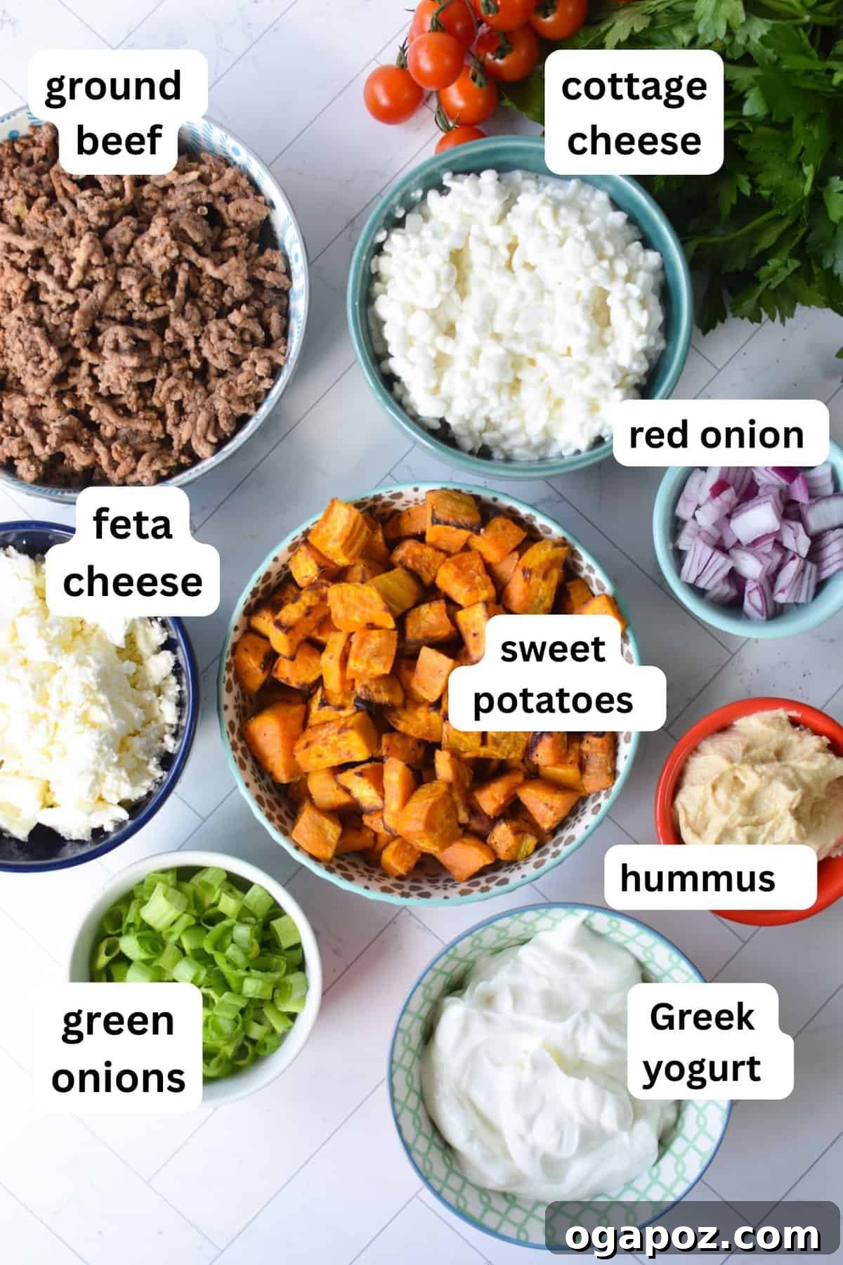 Ground Beef Sweet Potato Cottage Cheese Bowls 4 A visual display of all the individual recipe ingredients for Sweet Potato Cottage Cheese Bowls, laid out attractively.