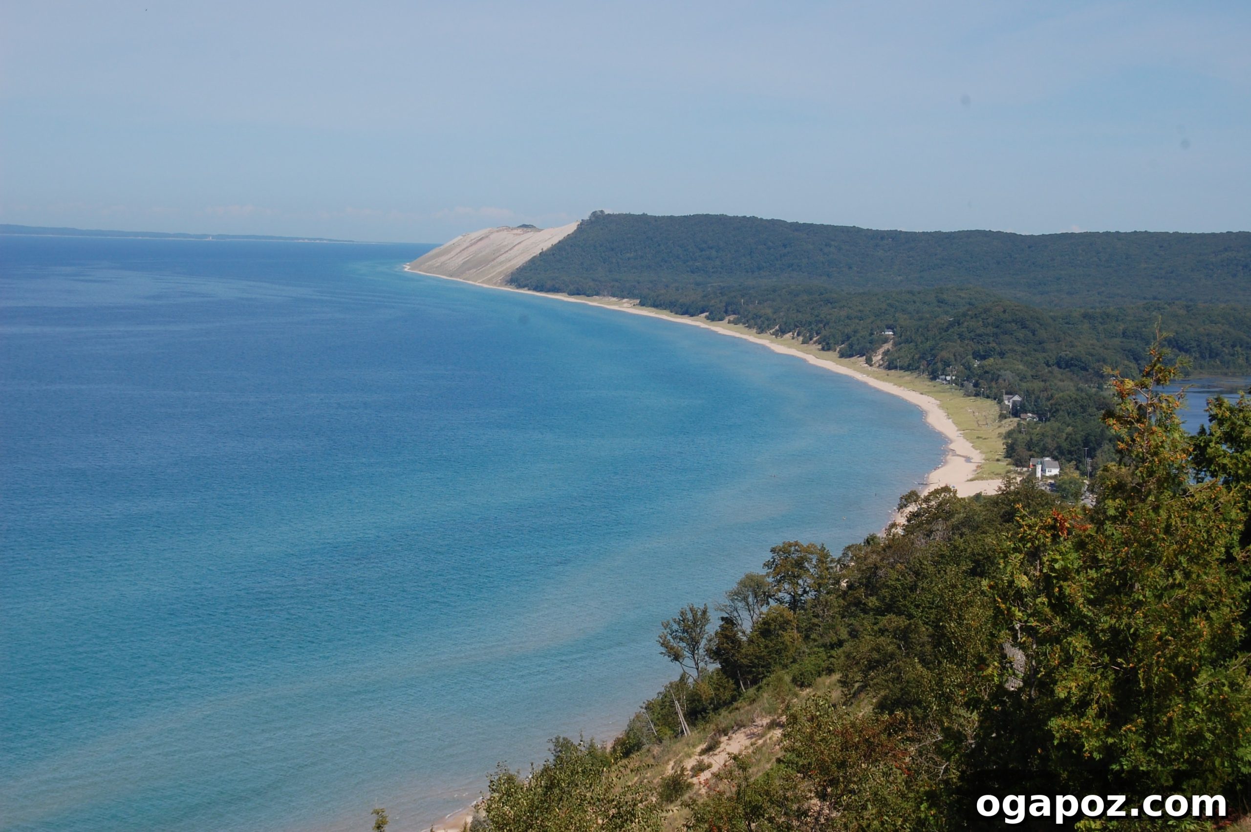 Empire Bluff View Stunning scenic overlook from Empire Bluff trail, showcasing Sleeping Bear Dunes and Lake Michigan's expansive waters.