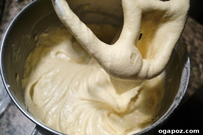 Thick and creamy cake batter for Cinnamon Swirl Coffee Cake in a mixing bowl