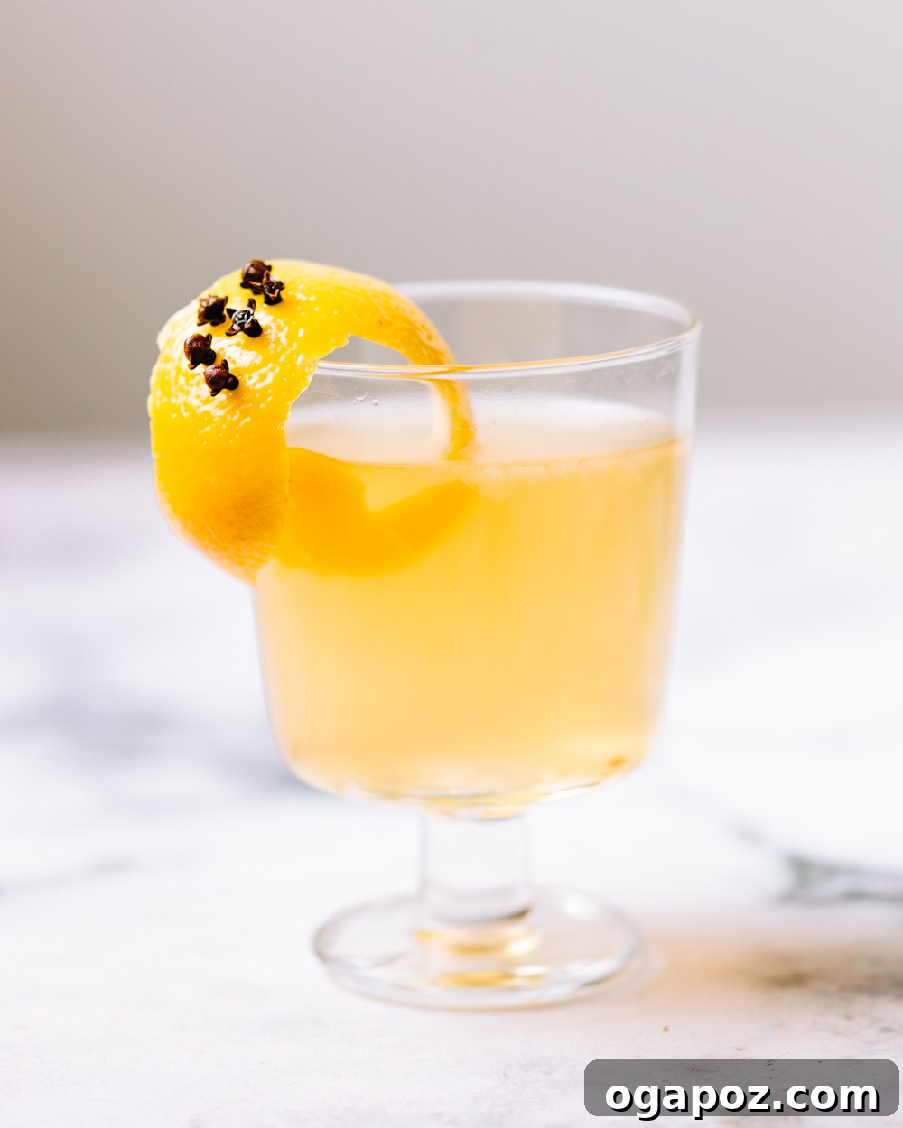Cozy Nectar 2 A beautifully presented Hot Toddy, garnished with a lemon slice and whole cloves, emitting comforting steam, suggesting warmth and relief.