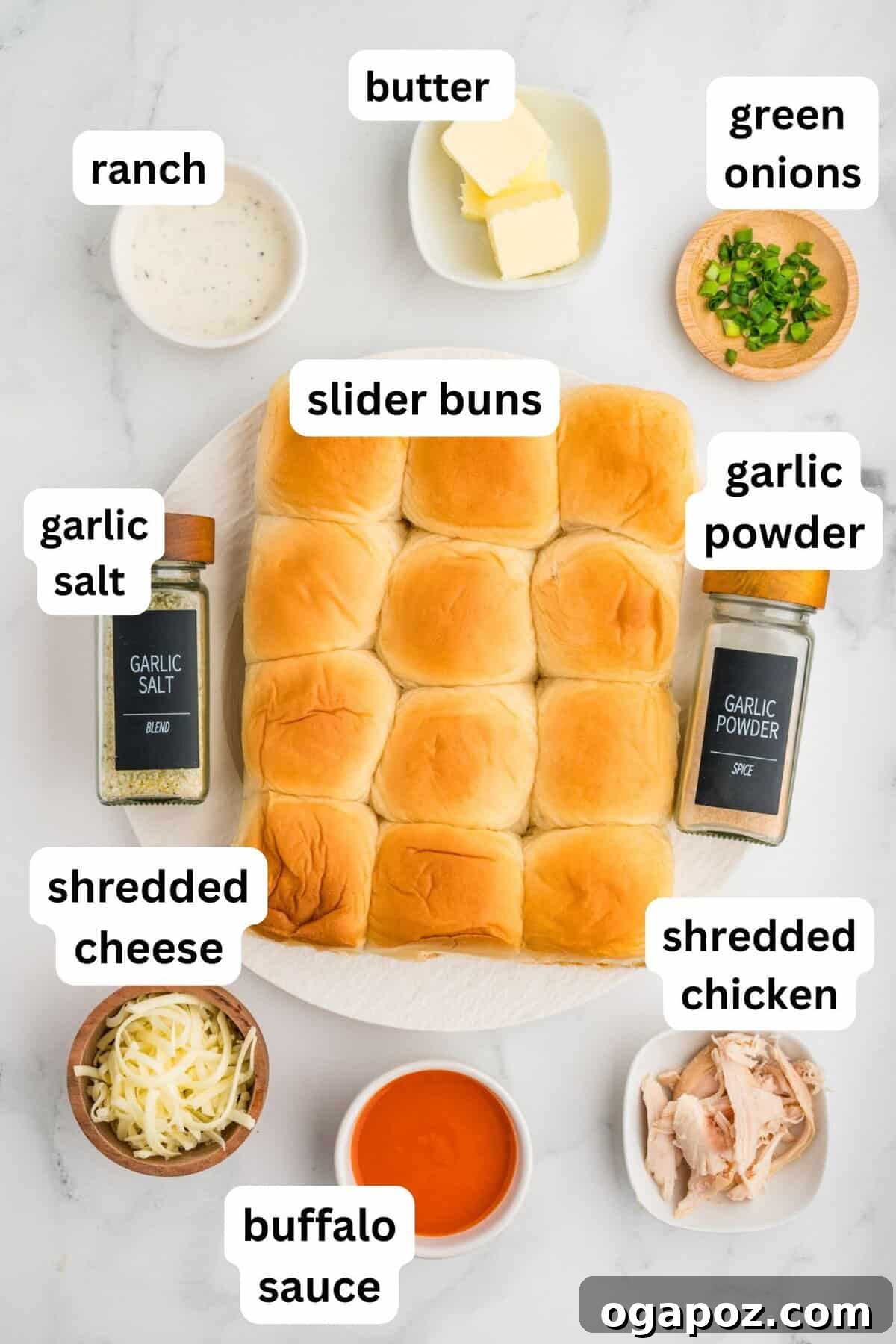 Ultimate Buffalo Chicken Sliders 4 Easy Buffalo Chicken Sliders recipe ingredients arranged on a cutting board