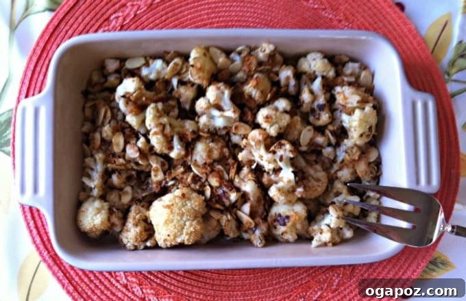 Golden Roasted Cauliflower with Almond Panko Crunch 3 Close-up of the Roasted Cauliflower with Almond Panko Topping recipe showing crunchy texture