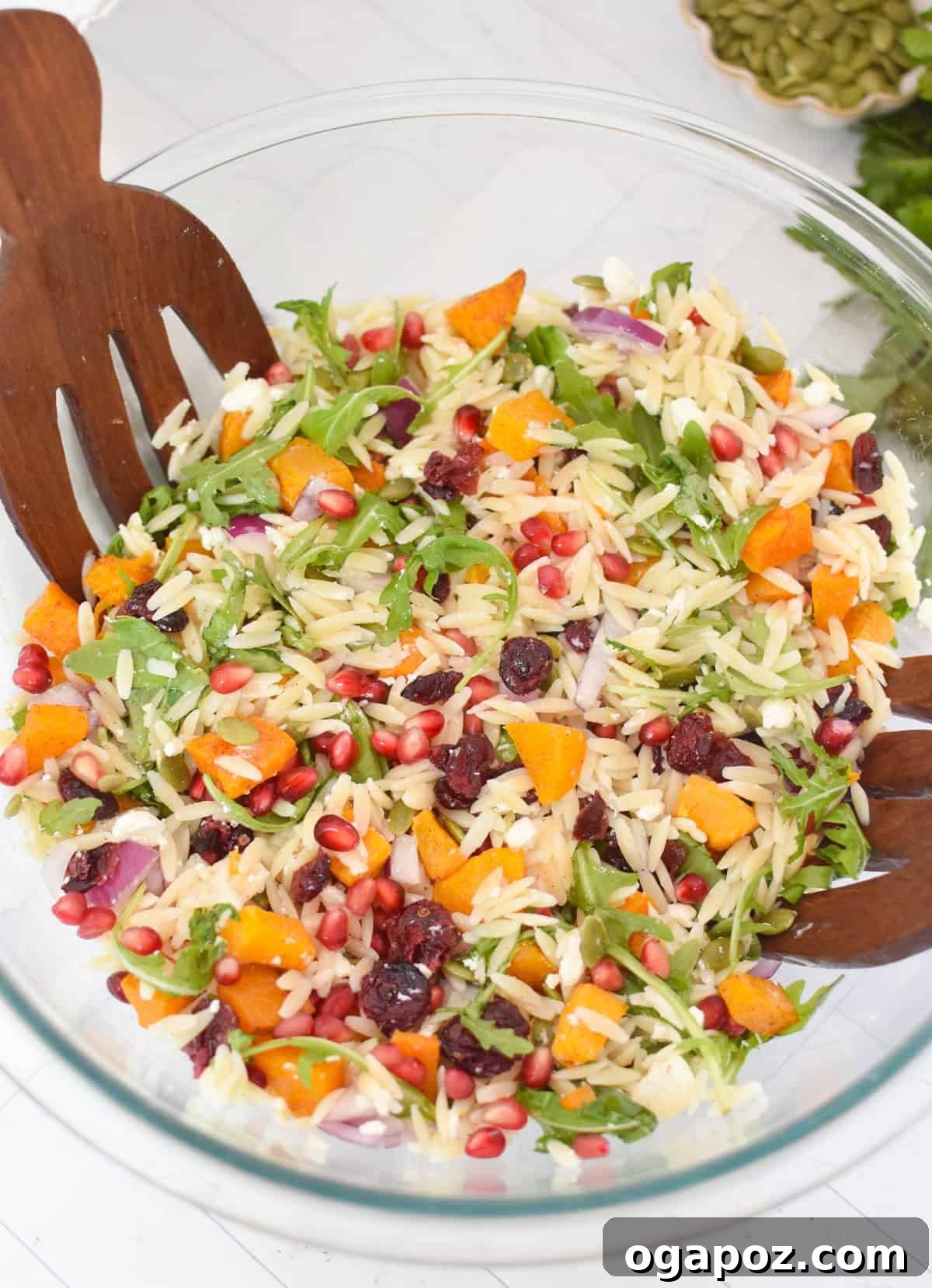 Autumn Harvest Orzo Pasta Salad 12 Fall Orzo Pasta Salad in a glass bowl, with a serving fork, showing half of the dressing drizzled over and ready for a gentle toss.