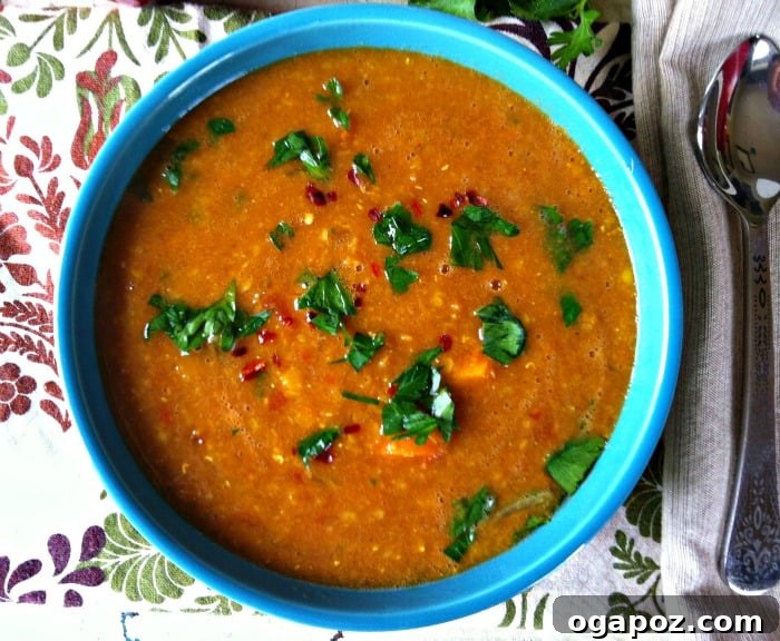 Fragrant Moroccan Spiced Lentil Soup 2 Moroccan Red Lentil Soup in blue bowl, garnished with fresh herbs