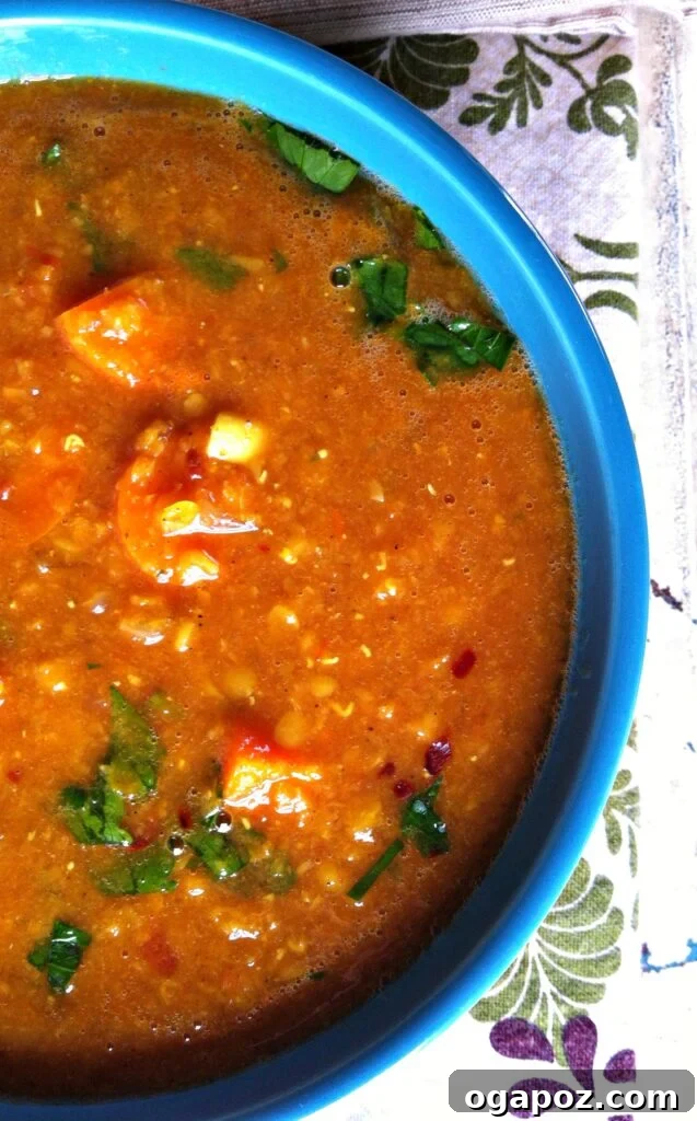 Fragrant Moroccan Spiced Lentil Soup 7 Moroccan Red Lentil Soup garnished with fresh herbs and a lemon wedge