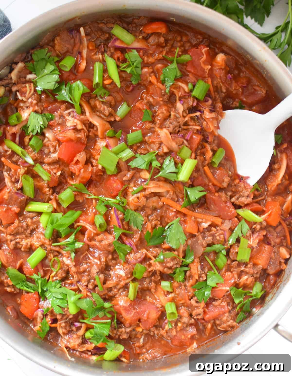 Rustic Mediterranean Beef and Cabbage Stir-fry 11 Mediterranean Beef and Cabbage Stir-fry after cabbage has been added and mixed, still simmering in the skillet.