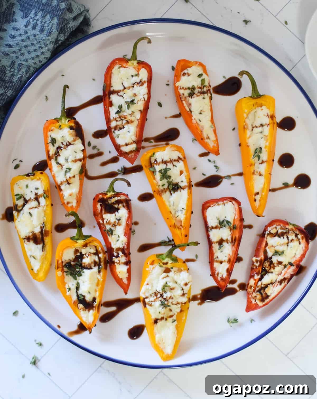 Creamy Goat Cheese Stuffed Mini Peppers 2 Goat Cheese Stuffed Mini Peppers on a white and blue plate, beautifully arranged for serving