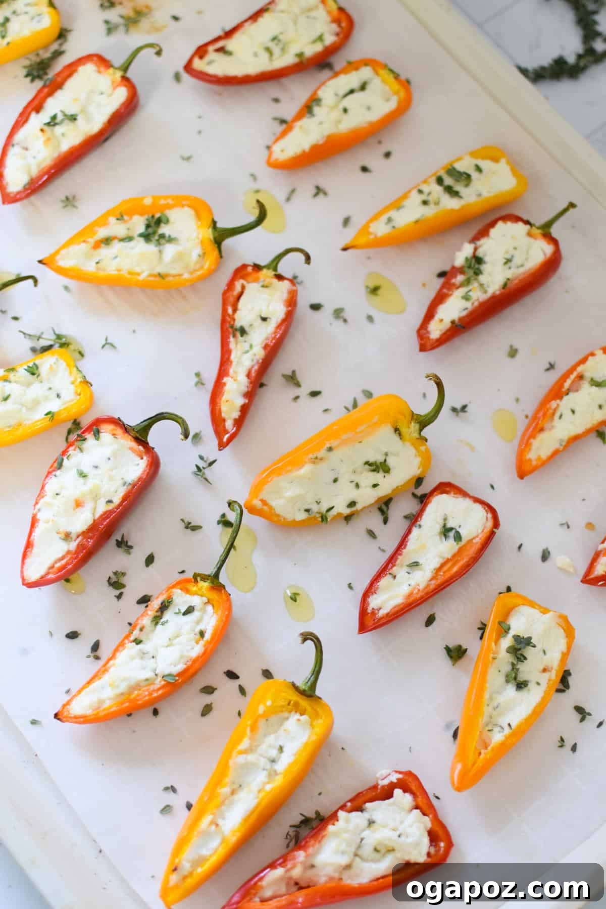 Creamy Goat Cheese Stuffed Mini Peppers 12 Goat Cheese Stuffed Mini Peppers baked to golden perfection on a baking sheet