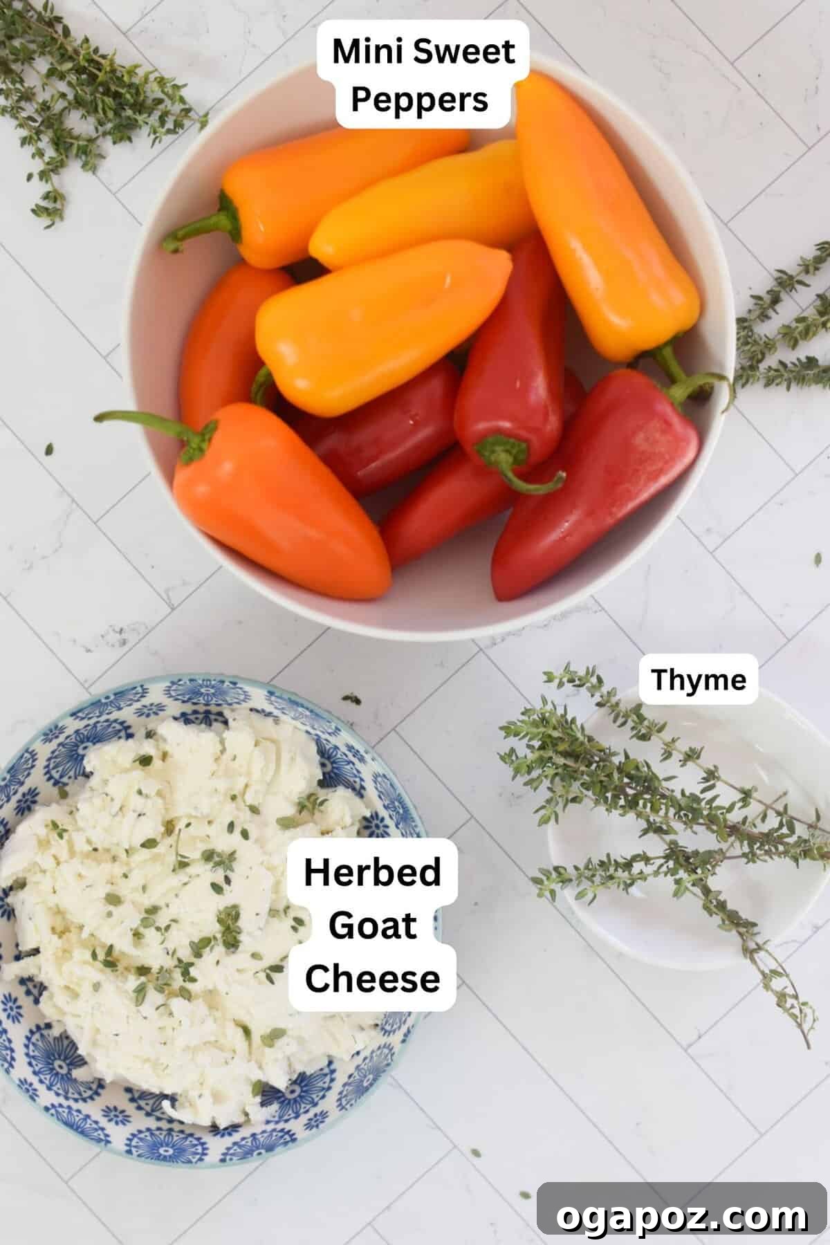 Creamy Goat Cheese Stuffed Mini Peppers 6 Goat Cheese Stuffed Mini Peppers recipe ingredients laid out, including peppers, goat cheese, herbs, and balsamic glaze