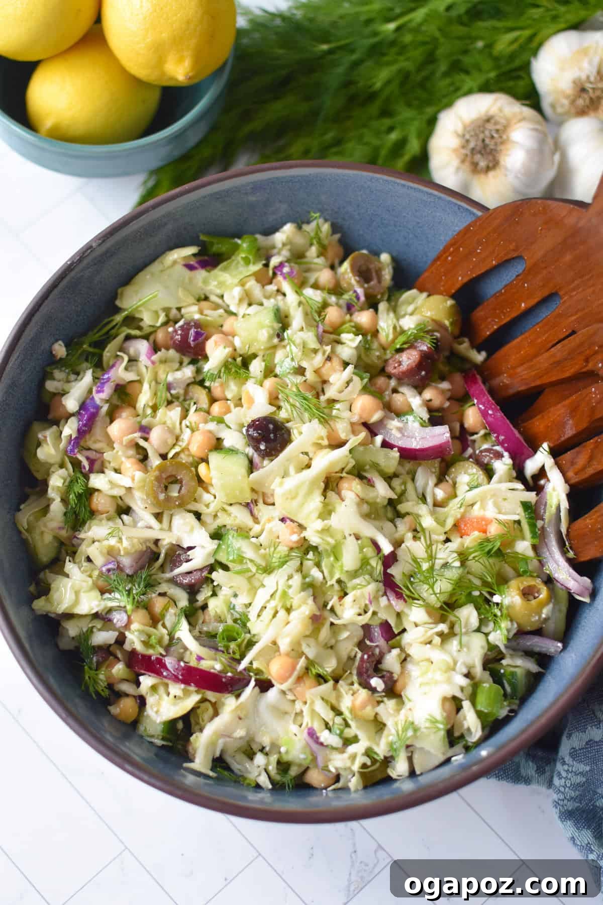 Zesty Greek Cabbage Slaw 7 Close-up of Mediterranean Cabbage Salad with crumbled Feta cheese on top, highlighting the vibrant colors and fresh textures.