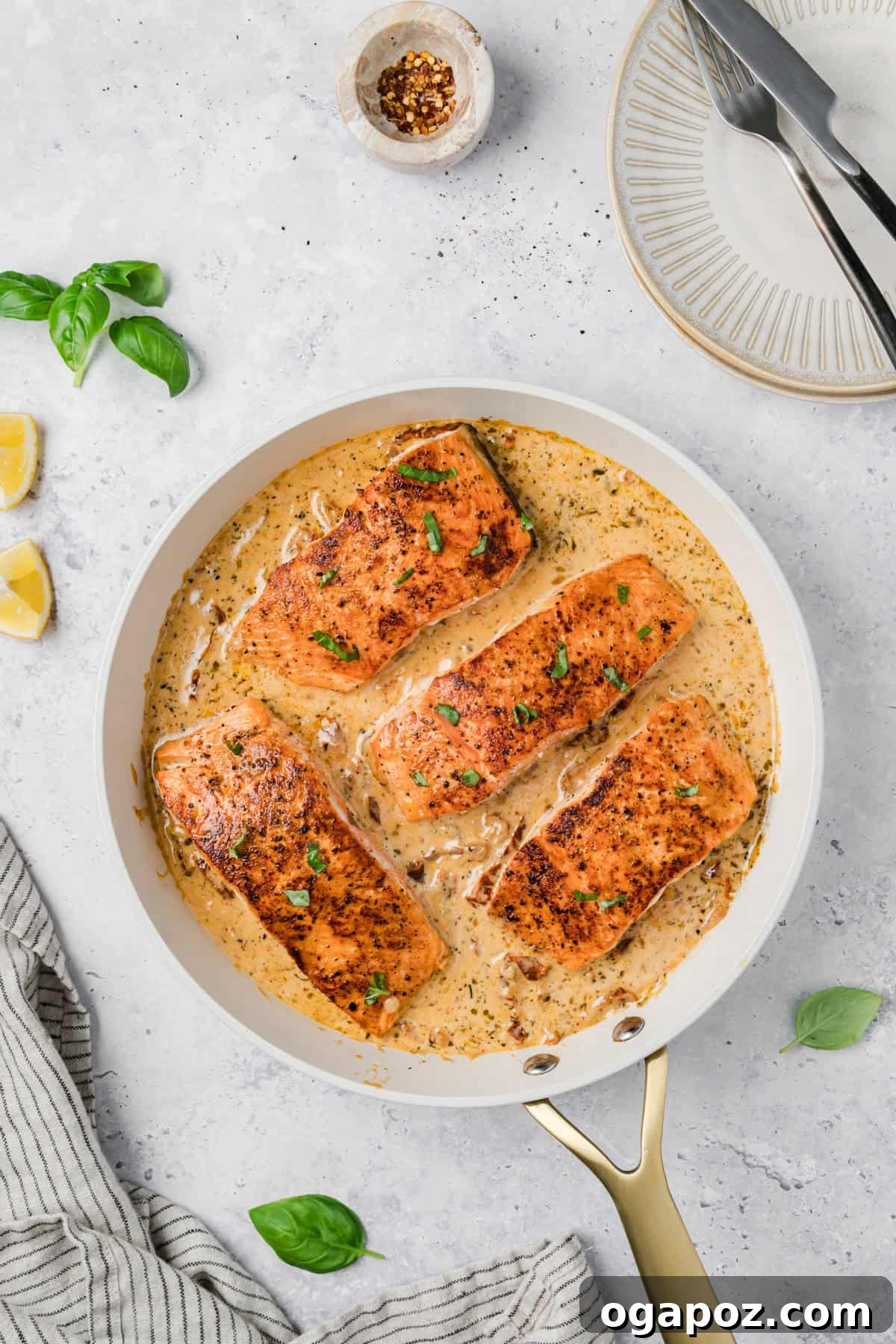 Engagement Salmon 9 Marry Me Salmon with sauce in a skillet, close-up