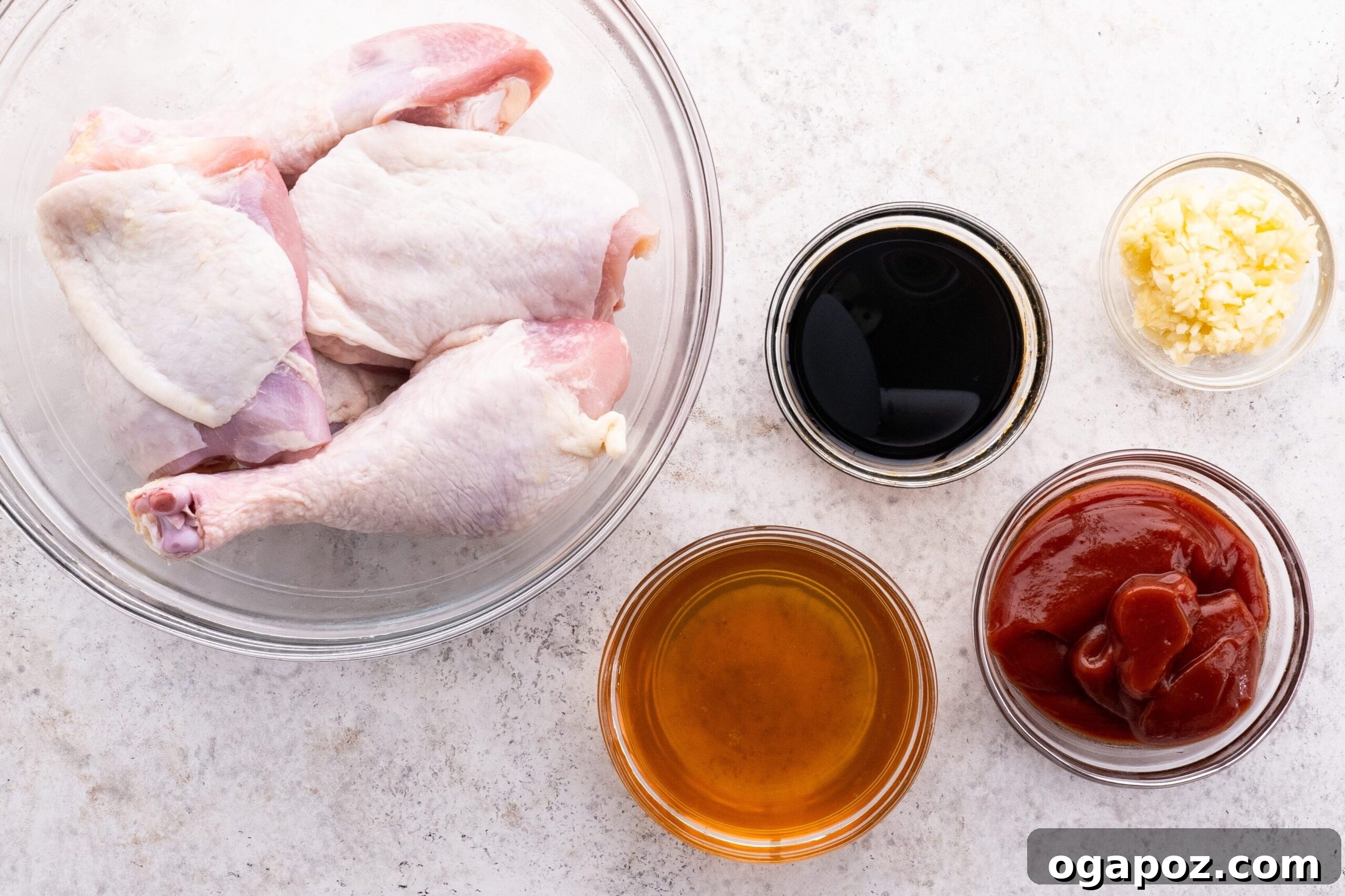 Fall-Off-The-Bone Baked BBQ Chicken Legs 3 Raw ingredients for Oven-Baked BBQ Chicken Legs with homemade sauce components