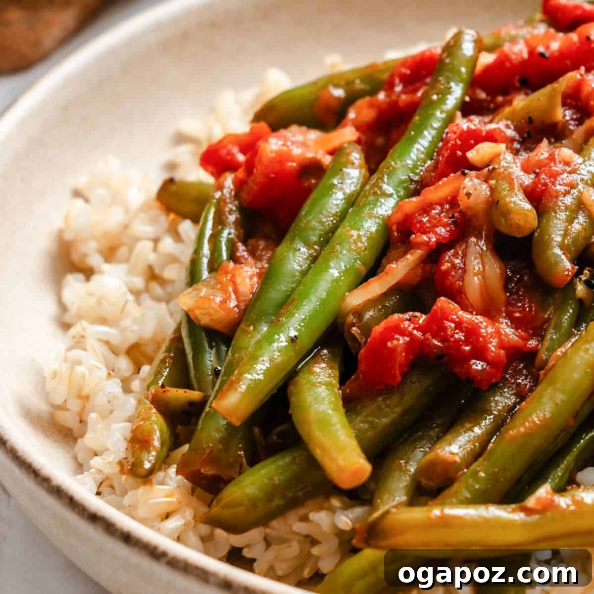 Lebanese Green Bean dish in a white bowl