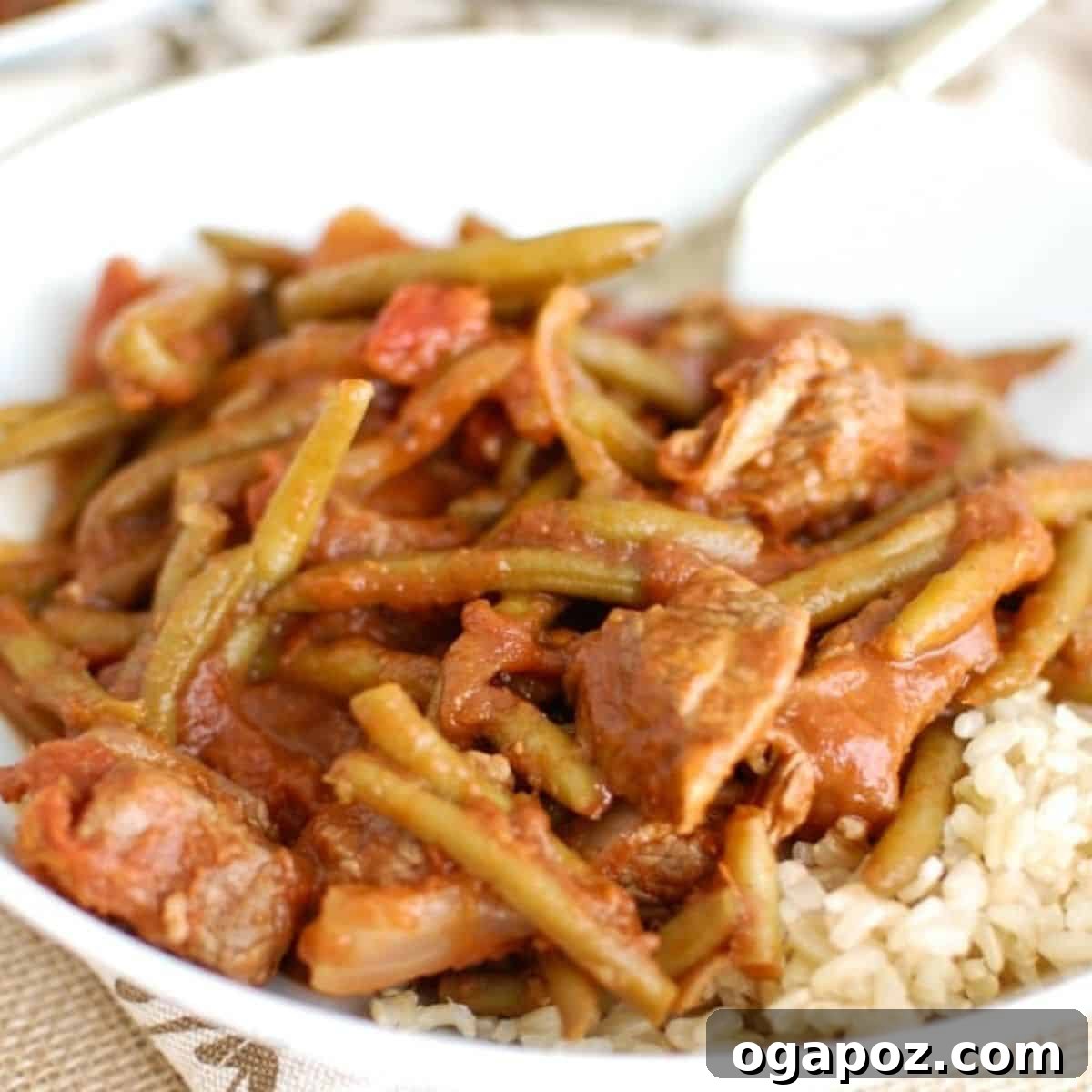Lebanese Beef and Green Beans served in a bowl